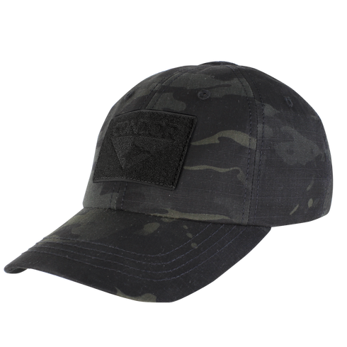 The Condor Tactical Cap - MultiCam Black features a black and grey camo design with a front rectangular patch, ideal for military enthusiasts or everyday EDC use.