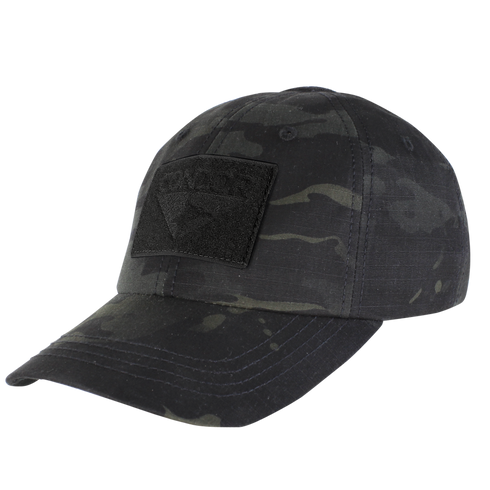 The Condor Tactical Cap - MultiCam Black features a black and grey camo design with a front rectangular patch, ideal for military enthusiasts or everyday EDC use.