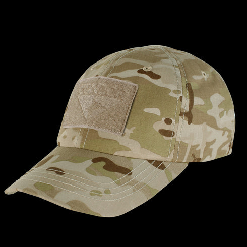 The Condor Tactical Cap - MultiCam Arid features a beige, brown, and green camouflage pattern with a rectangular Velcro patch on the front.