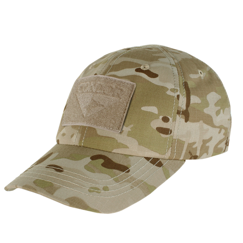 The Condor Tactical Cap - MultiCam Arid features a beige, brown, and green camouflage pattern with a rectangular Velcro patch on the front.