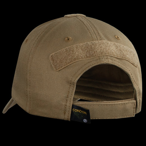 The Condor Tactical Cap in tan is shown from the back, featuring an adjustable velcro strap, a velcro patch above the opening, and a visible Condor tag inside.