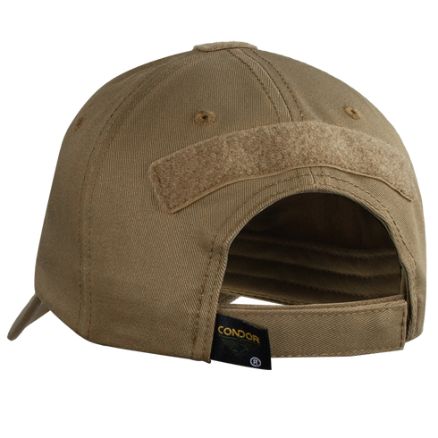 The Condor Tactical Cap in tan is shown from the back, featuring an adjustable velcro strap, a velcro patch above the opening, and a visible Condor tag inside.