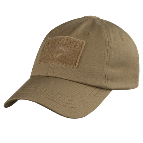 The Condor Tactical Cap is a tan cap featuring a rectangular patch area on the front and ventilation eyelets on the crown.