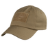The Condor Tactical Cap is a tan cap featuring a rectangular patch area on the front and ventilation eyelets on the crown.