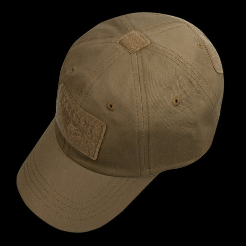 The Condor Tactical Cap, shown on a white background, is brown and features velcro patches on the front, top, and back.