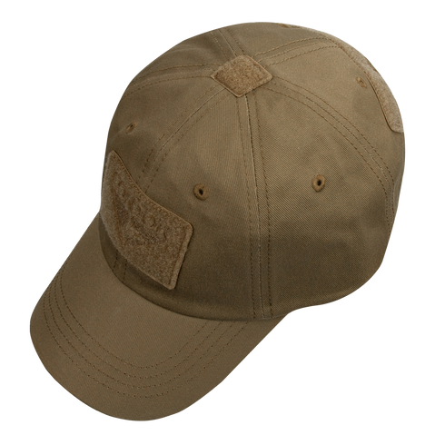 The Condor Tactical Cap, shown on a white background, is brown and features velcro patches on the front, top, and back.
