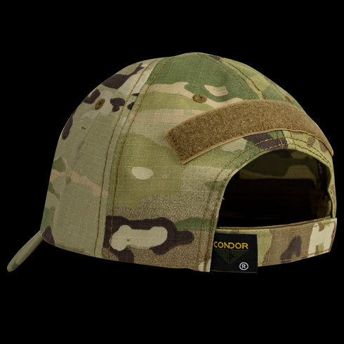 The Condor Tactical Team Cap - Scorpion OCP is shown from the back, featuring a camouflage design with a Velcro strip and adjustable strap—perfect for military use or your everyday carry (EDC) gear.