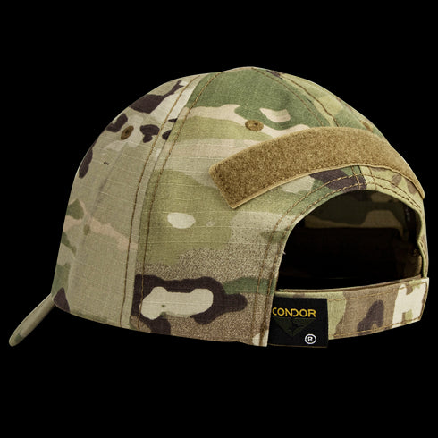 A rear view of the Condor Tactical Cap - MultiCam shows its camouflage pattern, Velcro strap, open back, and black Condor label.