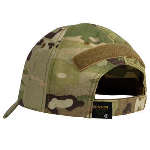 The Condor Tactical Cap - Scorpion OCP is shown from the back, highlighting its camouflage pattern, velcro patch, and adjustable strap.