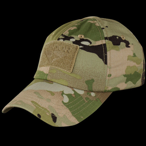 The Condor Tactical Cap in Scorpion OCP features a camouflage pattern and a front Velcro patch.