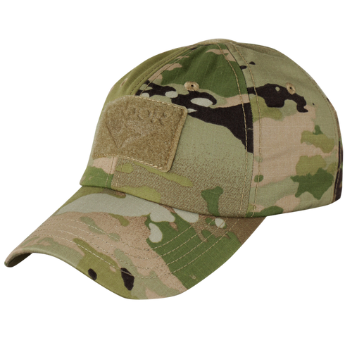 The Condor Tactical Cap in Scorpion OCP features a camouflage pattern and a front Velcro patch.