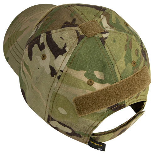 The Condor Tactical Cap - Scorpion OCP is shown from the back, highlighting a Velcro patch above its adjustable strap.