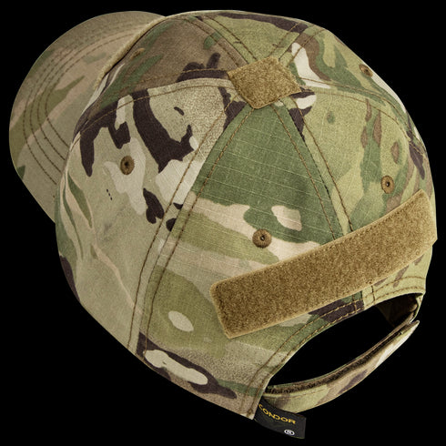The Condor Tactical Team Cap - MultiCam is shown from the back, featuring an adjustable strap and two Velcro patches.