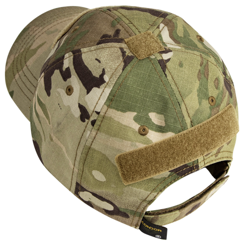 The Condor Tactical Team Cap - MultiCam is shown from the back, featuring an adjustable strap and two Velcro patches.