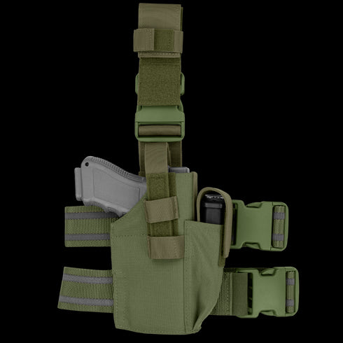 The Condor Tactical Leg Holster features adjustable straps for military and law enforcement use, securely holding a gray handgun and flashlight in separate compartments.