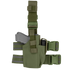 The Condor Tactical Leg Holster features adjustable straps for military and law enforcement use, securely holding a gray handgun and flashlight in separate compartments.