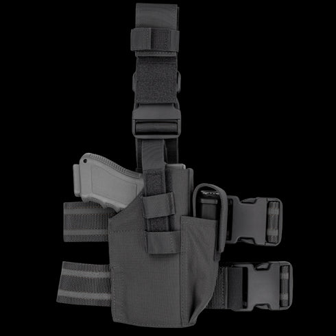 The Condor Tactical Leg Holster features adjustable straps and buckles, securely holding a pistol—perfect for EDC or range use. Shown in black on a white background.