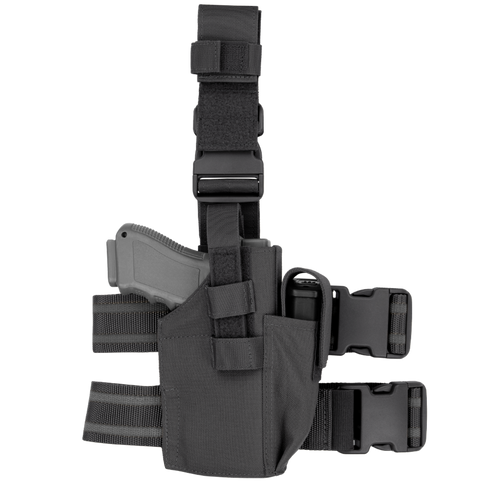 The Condor Tactical Leg Holster features adjustable straps and buckles, securely holding a pistol—perfect for EDC or range use. Shown in black on a white background.