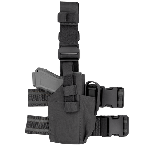 The Condor Tactical Leg Holster features adjustable straps and buckles, securely holding a pistol—perfect for EDC or range use. Shown in black on a white background.