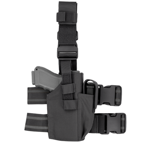The Condor Tactical Leg Holster features adjustable straps and buckles, securely holding a pistol—perfect for EDC or range use. Shown in black on a white background.