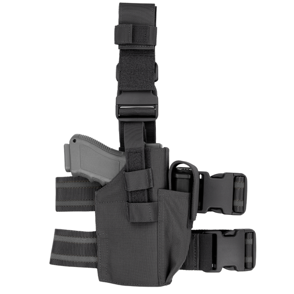 The Condor Tactical Leg Holster features adjustable straps and buckles, securely holding a pistol—perfect for EDC or range use. Shown in black on a white background.