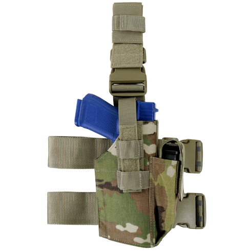 The Condor Tactical Leg Holster - Scorpion OCP, shown in Scorpion OCP camo with straps and a blue training pistol inserted, is viewed from the side.