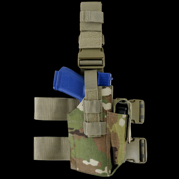 The Condor Tactical Leg Holster - Scorpion OCP, shown in Scorpion OCP camo with straps and a blue training pistol inserted, is viewed from the side.