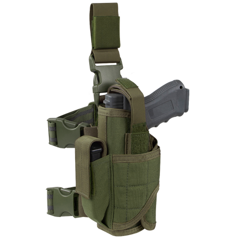 The Condor Tornado Tactical Leg Holster - Left Hand in Olive Drab features a secured gray training pistol, retention system, extra magazine pouch, and adjustable straps with buckles for easy attachment.