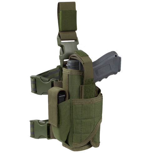 The Condor Tornado Tactical Leg Holster - Left Hand in Olive Drab features a secured gray training pistol, retention system, extra magazine pouch, and adjustable straps with buckles for easy attachment.