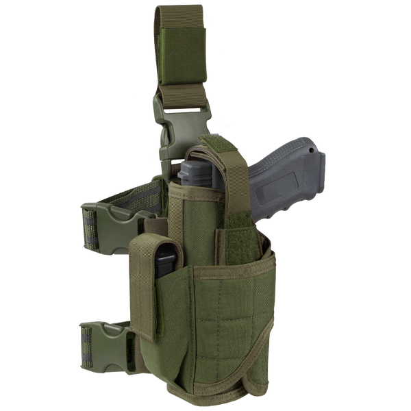 The Condor Tornado Tactical Leg Holster - Left Hand in Olive Drab features a secured gray training pistol, retention system, extra magazine pouch, and adjustable straps with buckles for easy attachment.
