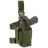 The Condor Tornado Tactical Leg Holster - Left Hand in Olive Drab features a secured gray training pistol, retention system, extra magazine pouch, and adjustable straps with buckles for easy attachment.