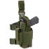 The Condor Tornado Tactical Leg Holster - Left Hand in Olive Drab features a secured gray training pistol, retention system, extra magazine pouch, and adjustable straps with buckles for easy attachment.