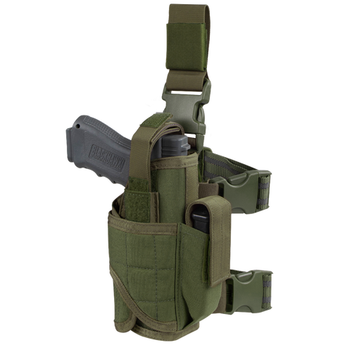 The Condor Tornado Tactical Leg Holster features a secured black handgun, adjustable straps with buckle closures, and an extra magazine pouch—perfect for tactical use.