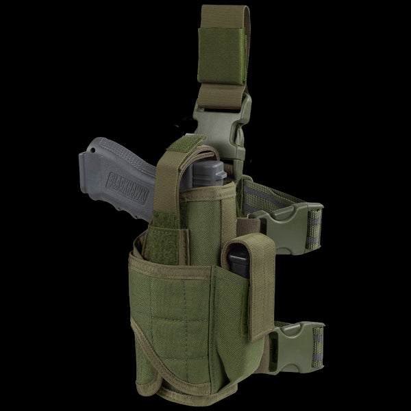 The Condor Tornado Tactical Leg Holster features a secured black handgun, adjustable straps with buckle closures, and an extra magazine pouchāperfect for tactical use.