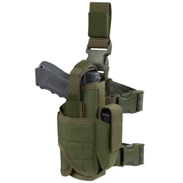The Condor Tornado Tactical Leg Holster features a secured black handgun, adjustable straps with buckle closures, and an extra magazine pouchāperfect for tactical use.