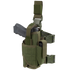 The Condor Tornado Tactical Leg Holster features a secured black handgun, adjustable straps with buckle closures, and an extra magazine pouch—perfect for tactical use.