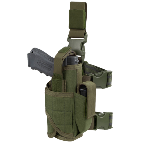 The Condor Tornado Tactical Leg Holster in green features adjustable straps and securely holds a training pistol along with a spare magazine.
