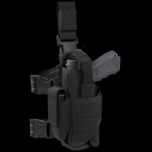 The Condor Tornado Tactical Leg Holster - Left Hand, in black, features adjustable straps and retention system, holds a gray training pistol and a magazine, and is shown from the side.
