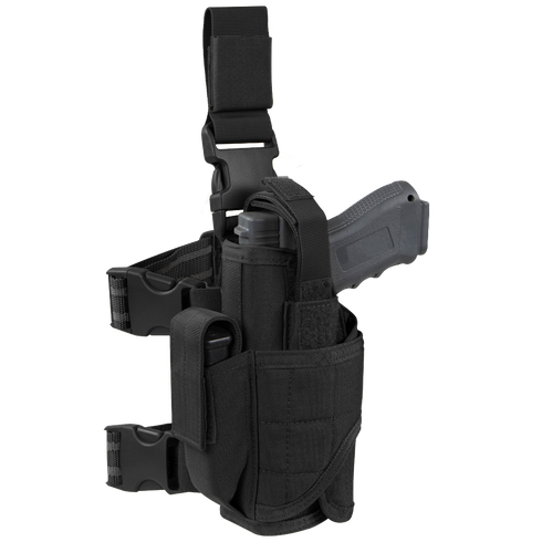 The Condor Tornado Tactical Leg Holster - Left Hand, in black, features adjustable straps and retention system, holds a gray training pistol and a magazine, and is shown from the side.