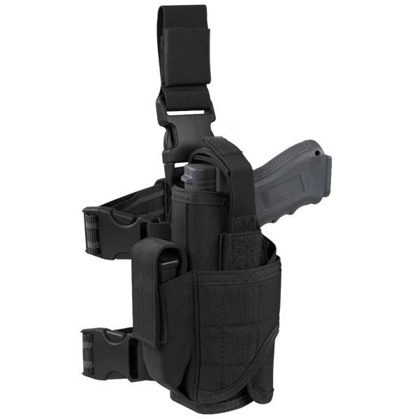 The Condor Tornado Tactical Leg Holster - Left Hand, in black, features adjustable straps and retention system, holds a gray training pistol and a magazine, and is shown from the side.