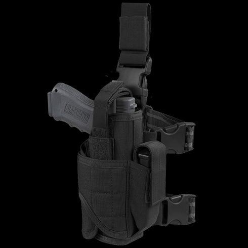 The Condor Tornado Tactical Leg Holster is a black, right-leg holster with adjustable buckles and velcro, featuring retention straps to securely hold a pistol and accessory.