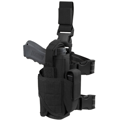The Condor Tornado Tactical Leg Holster is a black, right-leg holster with adjustable buckles and velcro, featuring retention straps to securely hold a pistol and accessory.