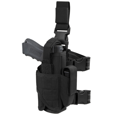 The Condor Tornado Tactical Leg Holster is a black, right-leg holster with adjustable buckles and velcro, featuring retention straps to securely hold a pistol and accessory.