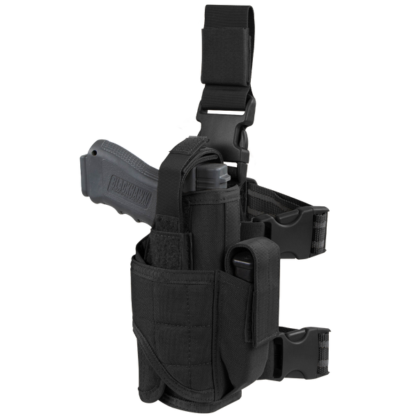 The Condor Tornado Tactical Leg Holster is a black, right-leg holster with adjustable buckles and velcro, featuring retention straps to securely hold a pistol and accessory.