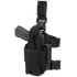 The Condor Tornado Tactical Leg Holster is a black, right-leg holster with adjustable buckles and velcro, featuring retention straps to securely hold a pistol and accessory.