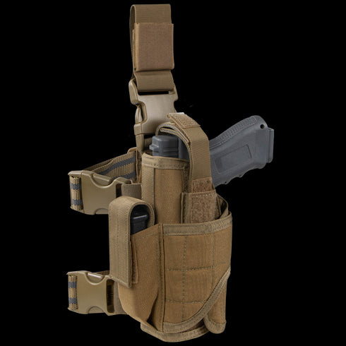 The Condor Tornado Tactical Leg Holster - Left Hand in coyote brown securely holds a black pistol and features adjustable straps, buckles, pouches, and a reliable retention system.