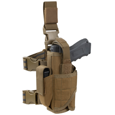 The Condor Tornado Tactical Leg Holster - Left Hand in coyote brown securely holds a black pistol and features adjustable straps, buckles, pouches, and a reliable retention system.