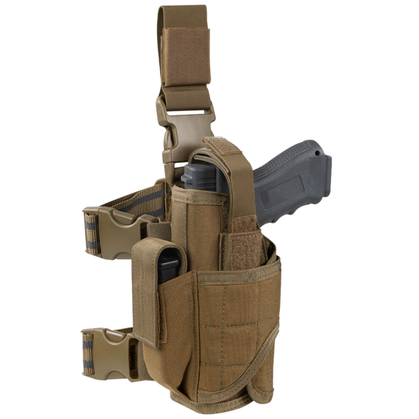 The Condor Tornado Tactical Leg Holster - Left Hand in coyote brown securely holds a black pistol and features adjustable straps, buckles, pouches, and a reliable retention system.