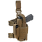 The Condor Tornado Tactical Leg Holster - Left Hand in coyote brown securely holds a black pistol and features adjustable straps, buckles, pouches, and a reliable retention system.