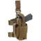 The Condor Tornado Tactical Leg Holster - Left Hand in coyote brown securely holds a black pistol and features adjustable straps, buckles, pouches, and a reliable retention system.